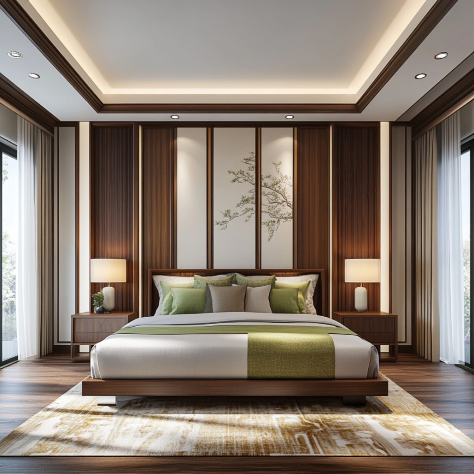 Contemporary Master Bedroom Design with Botanical Art and Built-In Storage