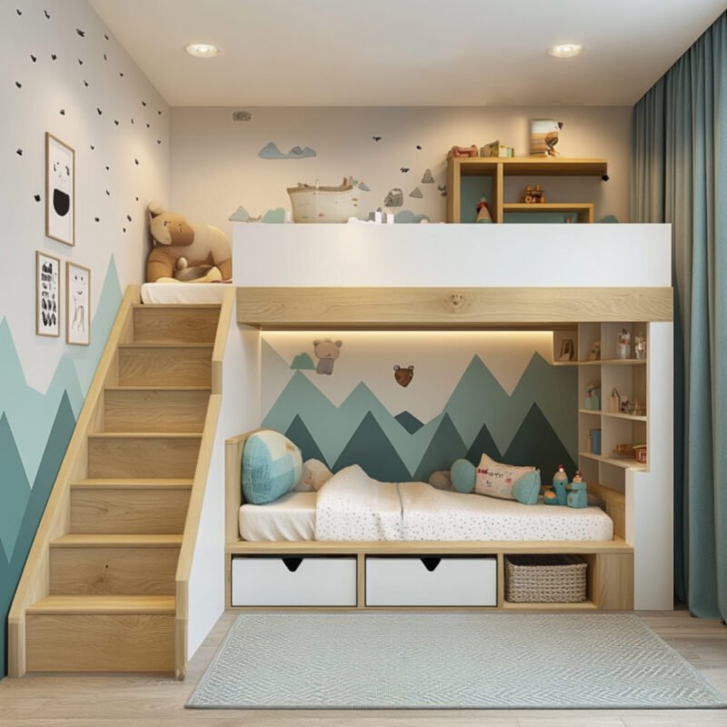 Modern Kids Bedroom Design With Bunk Beds and Mountain Mural