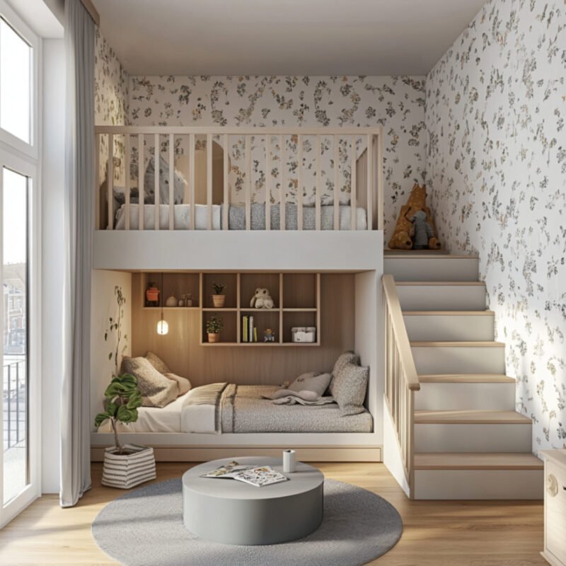 Scandinavian Kids Bedroom Design With Bunk Beds and Soft Florals