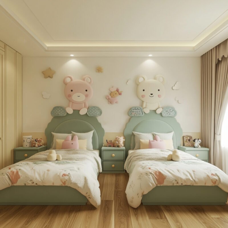 Classic Kids Bedroom Design With Mint Green Beds and Cloud Decor