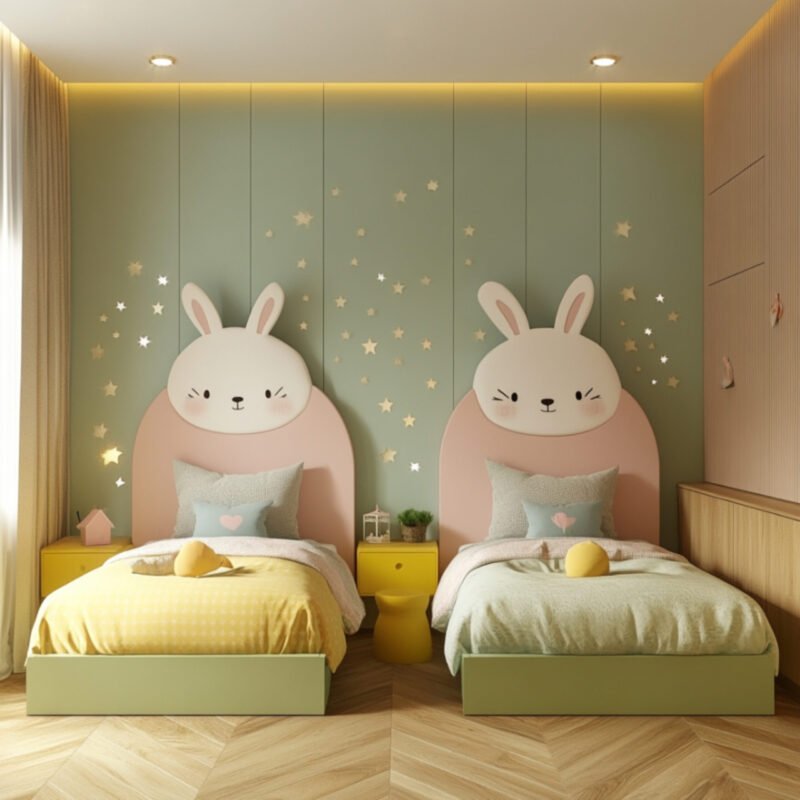 Bunny-Themed Modern Kids Bedroom Design in Pastels With Yellow Sidetables