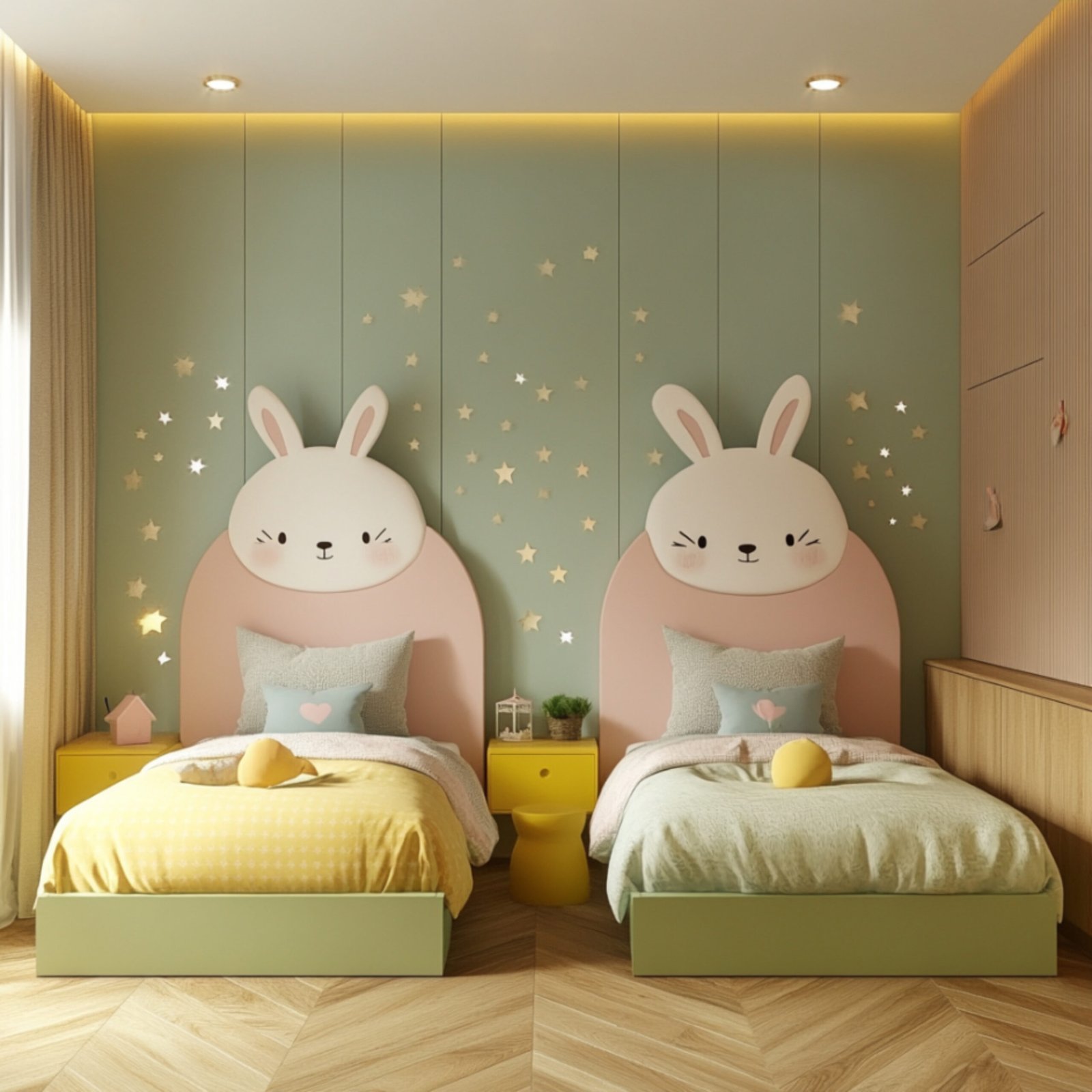 Bunny-Themed Modern Kids Bedroom Design in Pastels With Yellow Sidetables