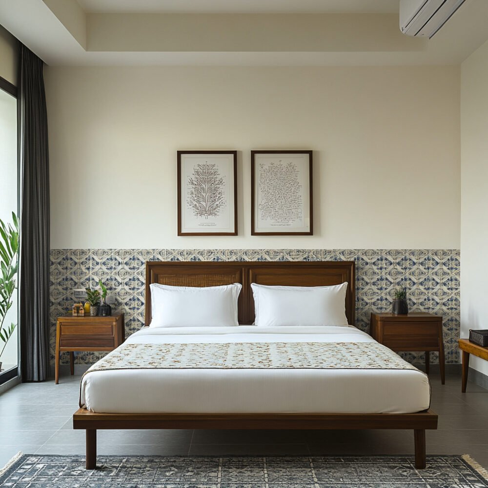 Traditional Guest Bedroom Design with Geometric Wall Pattern
