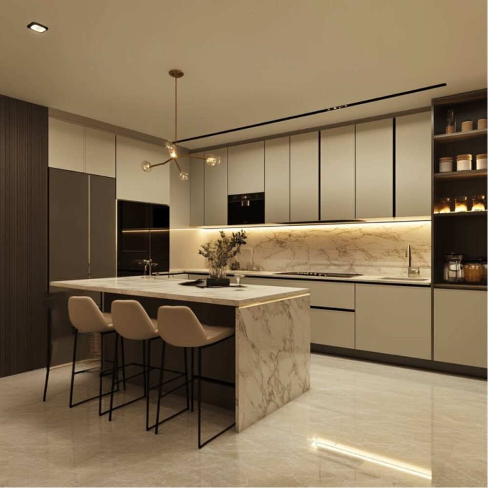 Contemporary Open Kitchen Design with Quartz Countertops