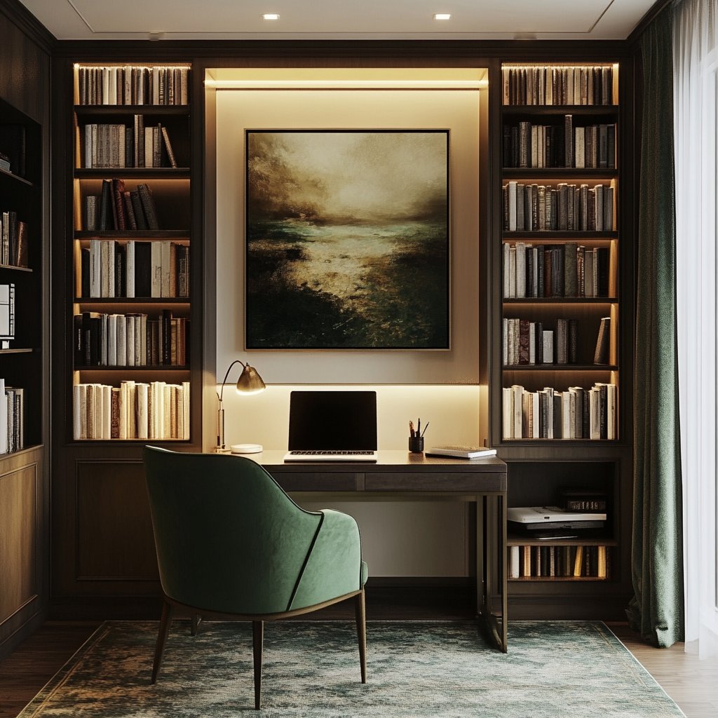 Modern Home Office Design with Study Table and Green Upholstered Chair