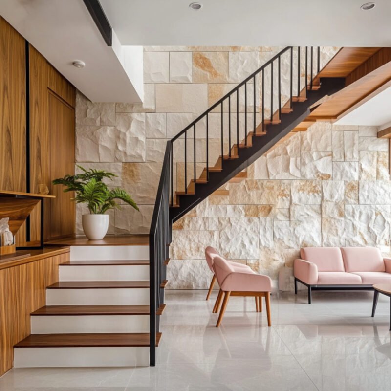 Tiled Contemporary L-Shaped Staircase With Wood and Metal Touches