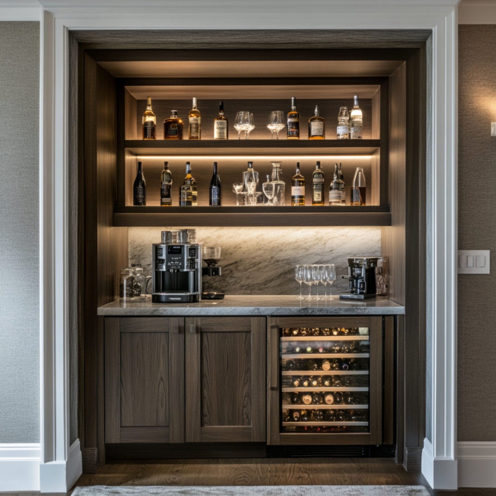 Modern Home Bar Design With Built-In Wine Fridge and Shelves