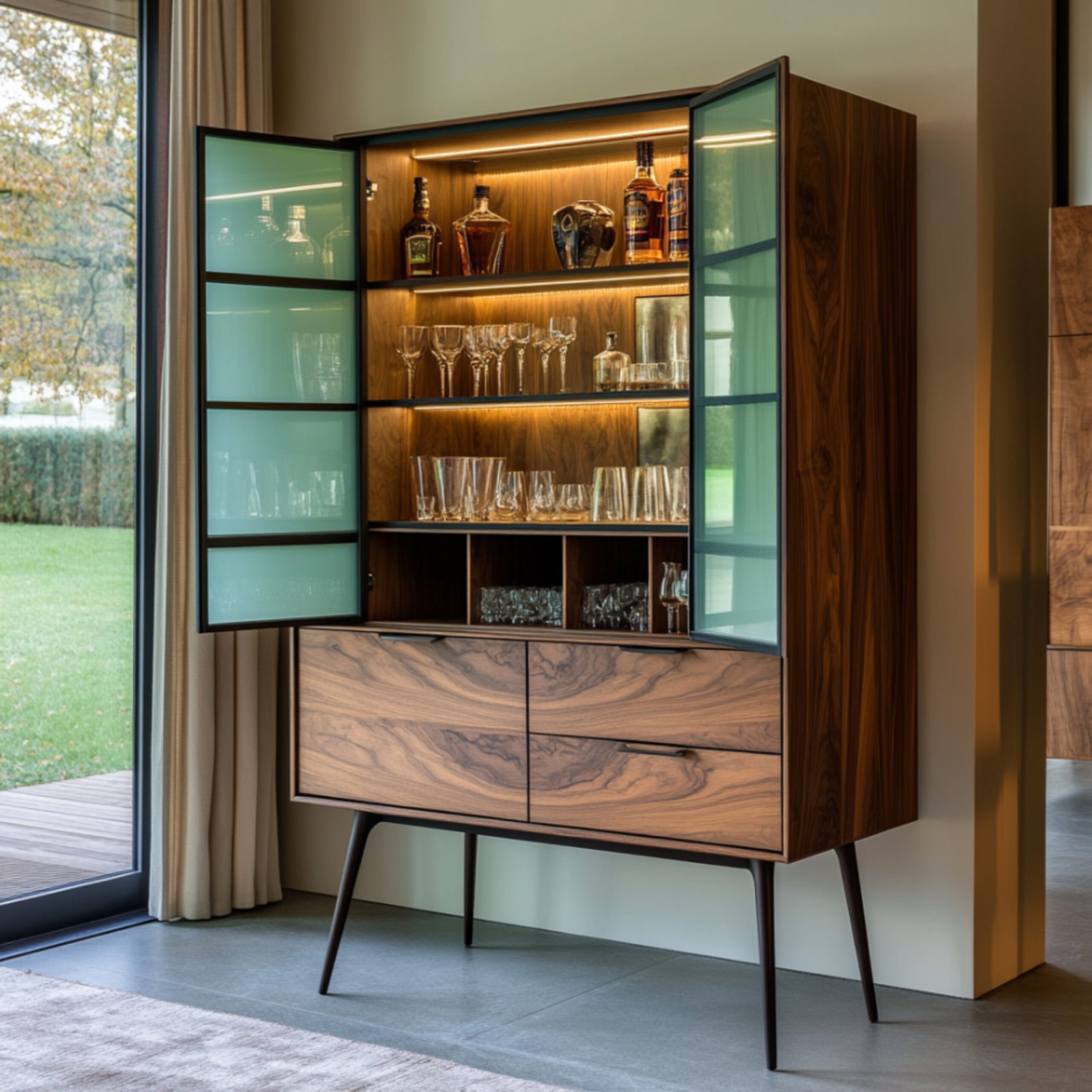 Mid-Century Modern Home Bar Design With Glass Display and Storage