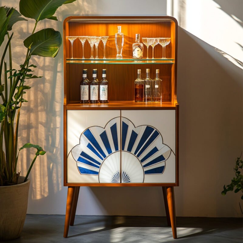 Modern Dual-Tone Home Bar Design With Fan-Pattern Cabinet