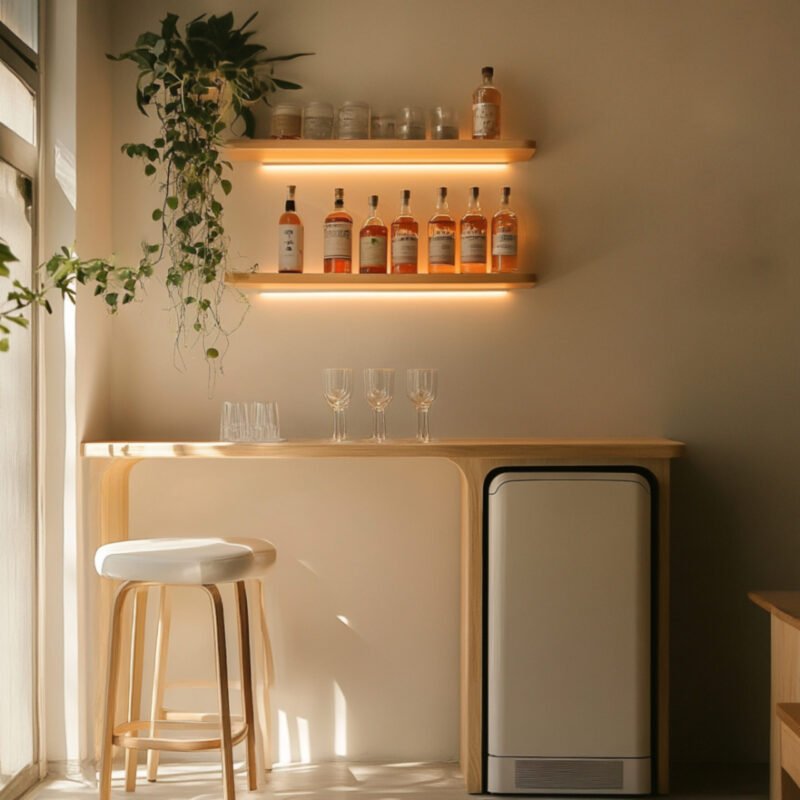 Scandinavian Home Bar Design With Chiller Drawer and Display