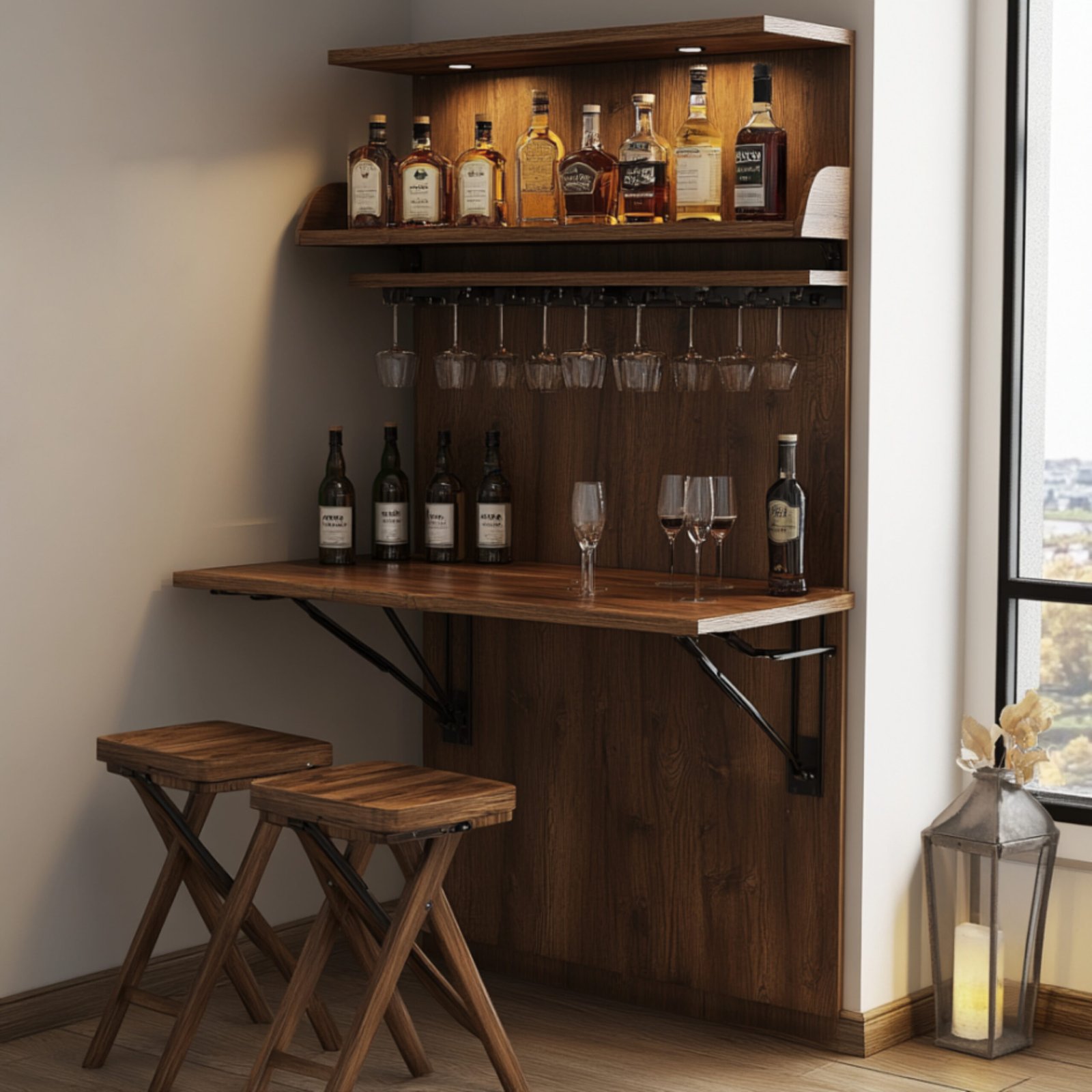 Rustic Home Bar Design With Fold-Down Table and Glass Rack