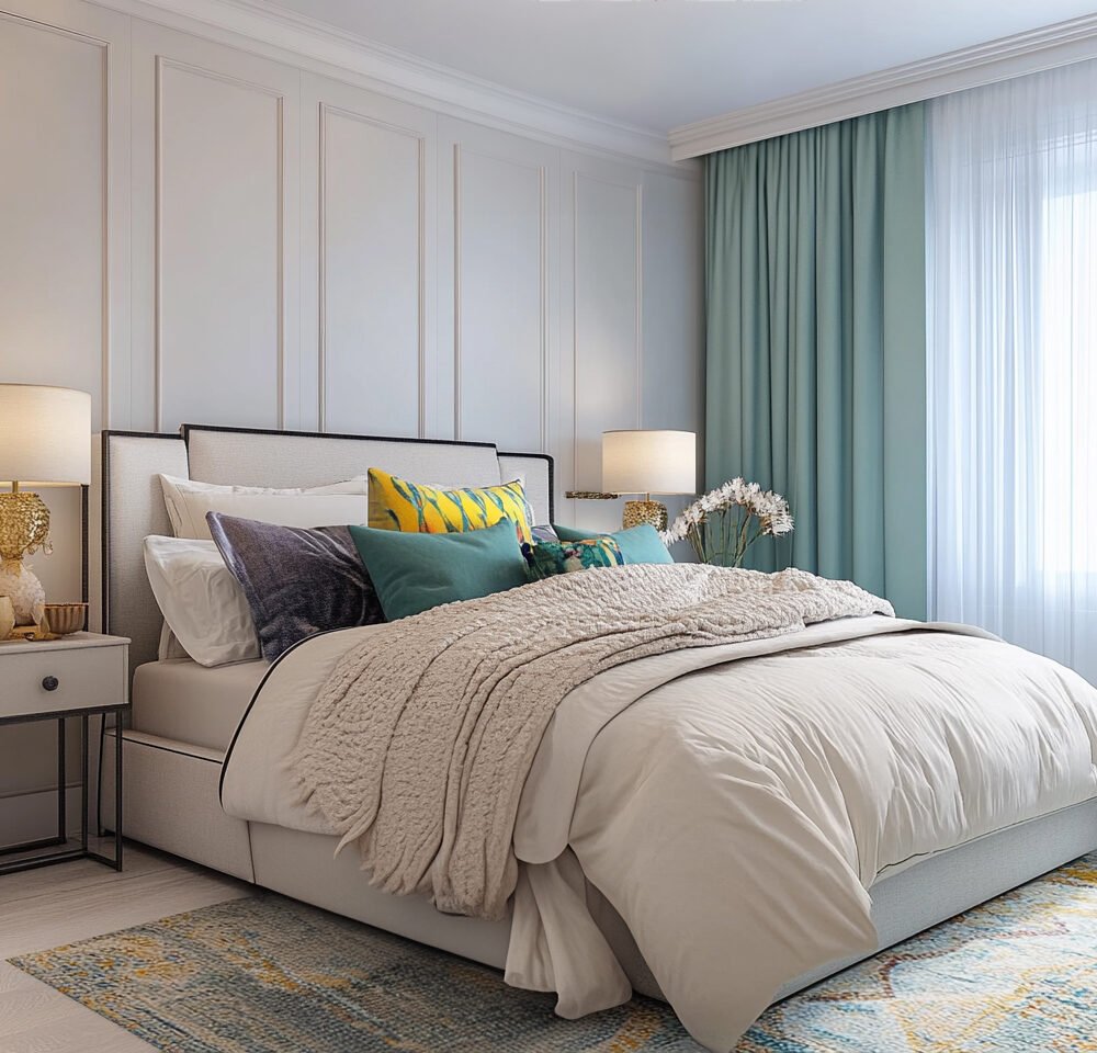 Minimalist Master Bedroom Design with Queen Bed and Crystal Lamps