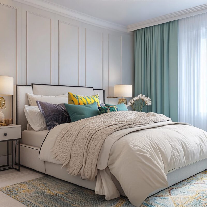 Minimalist Master Bedroom Design with Queen Bed and Crystal Lamps