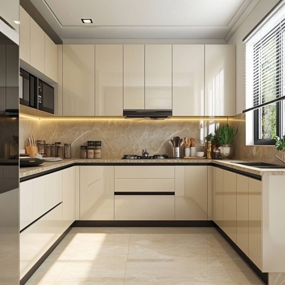 Contemporary U-Shaped Kitchen Design in Irish Cream with Quartz Countertop