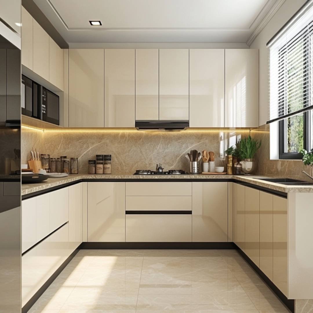 Contemporary U-Shaped Kitchen Design in Irish Cream with Quartz Countertop