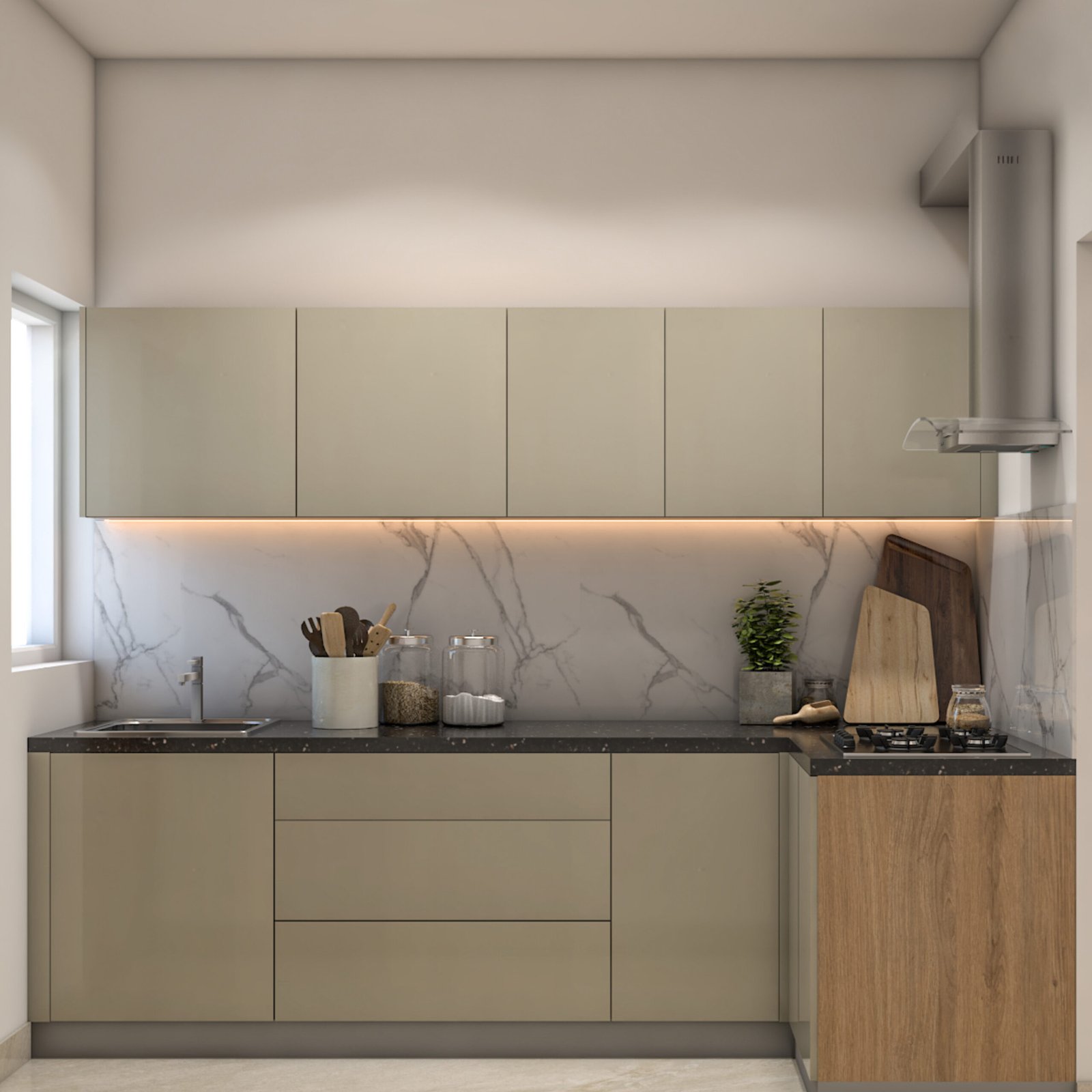 Minimal Open Kitchen Design in Irish Cream with Granite Countertop