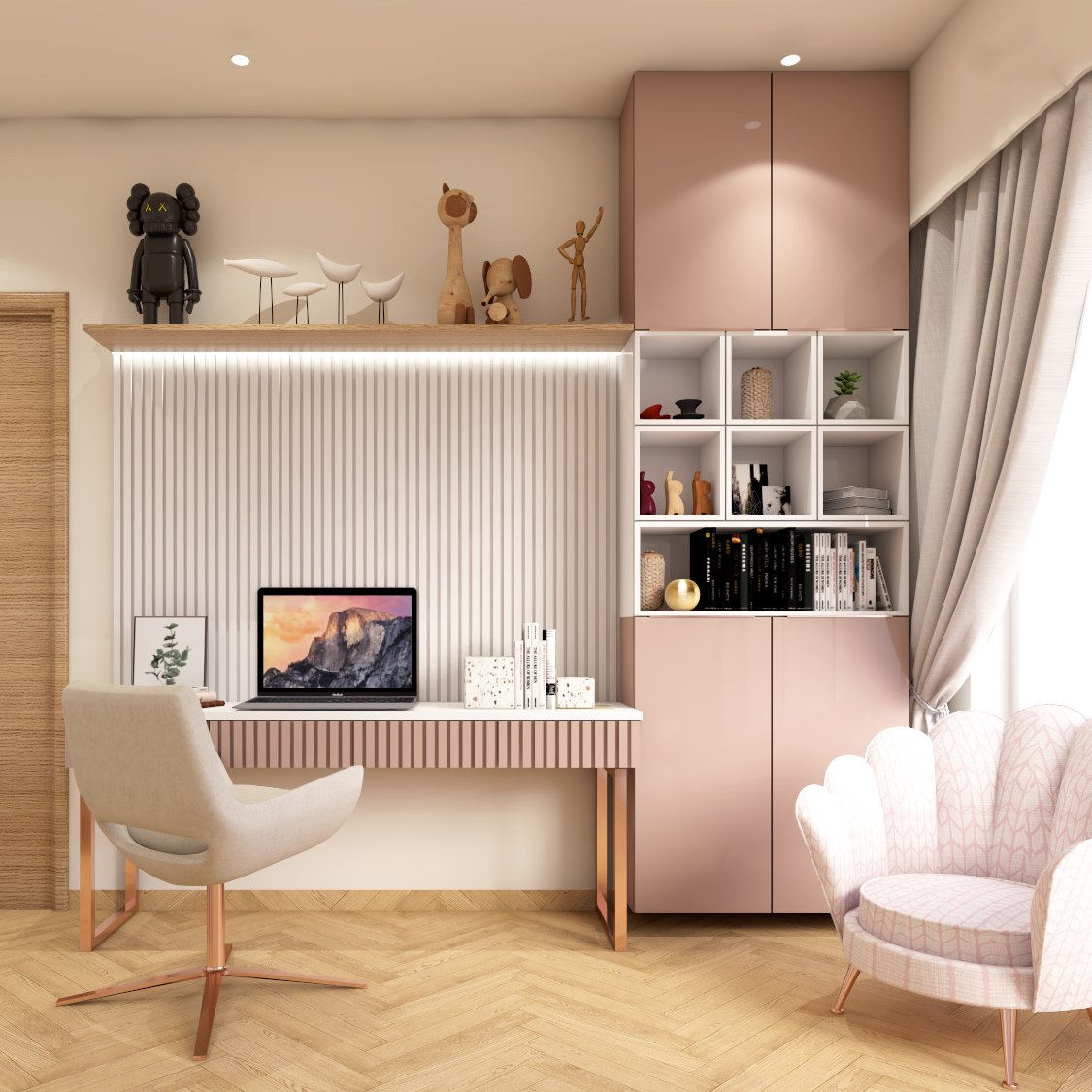 Modern Sand Satin-Toned Study Room Design With Tall Storage Unit And Open Shelves