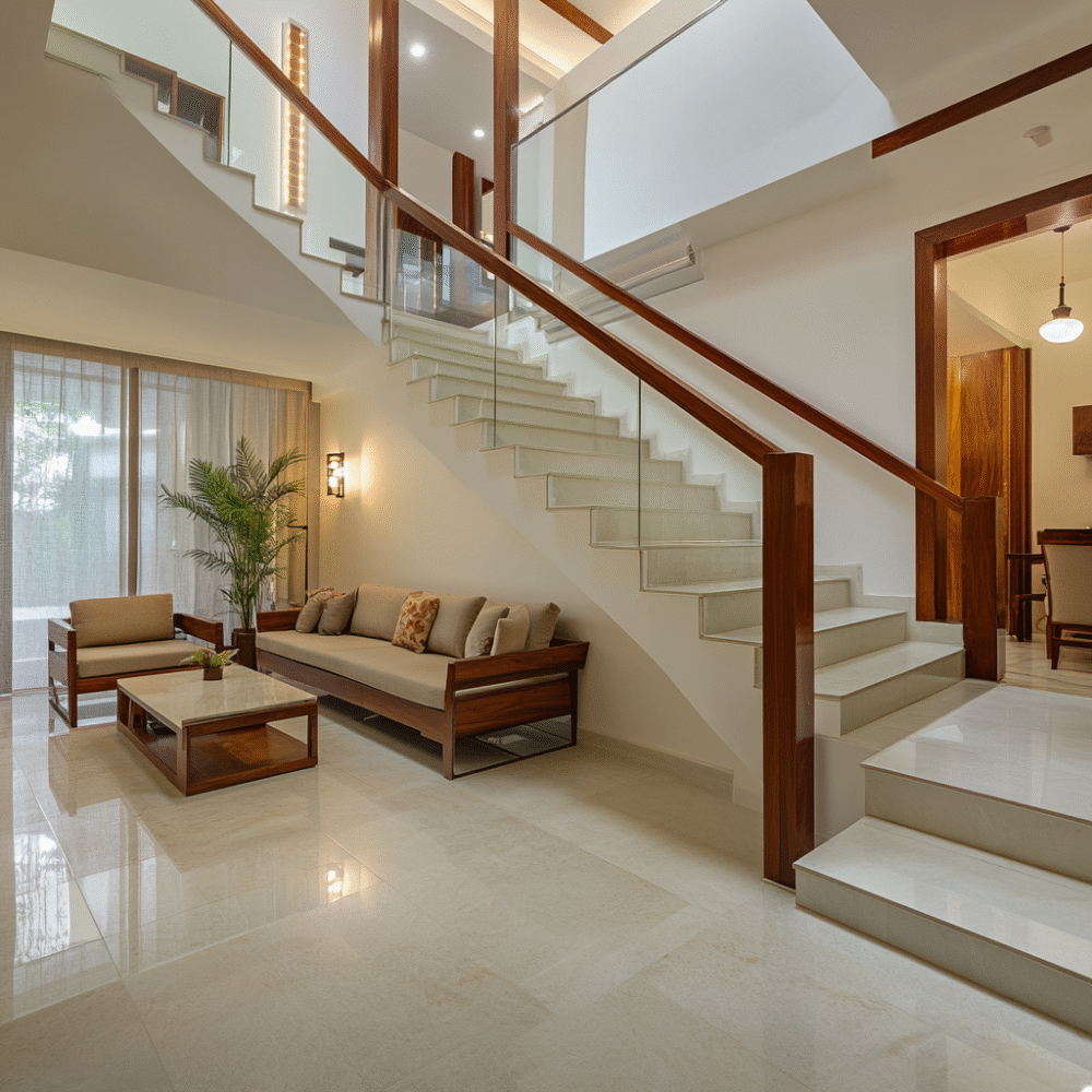 Tiles and Glass L-Shaped Staircase Design for Modern Homes