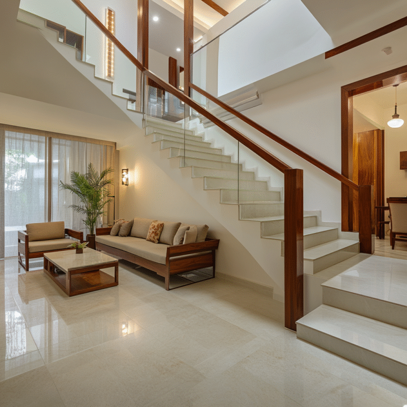 Tiles and Glass L-Shaped Staircase Design for Modern Homes