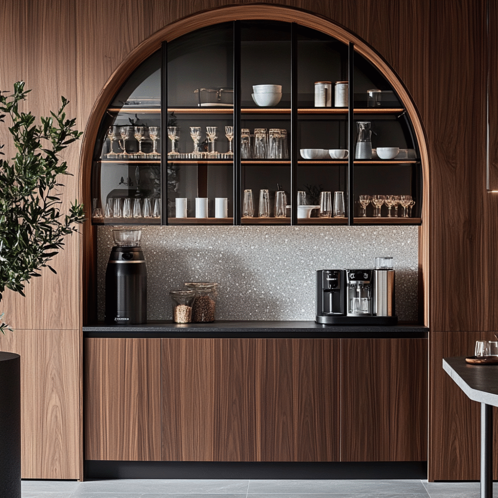 Contemporary Arched Crockery Unit Design in Suede Finish