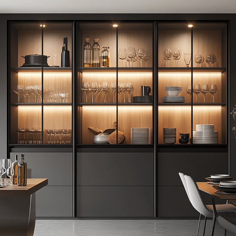 Modern Black Crockery Unit Design with Seamless Modular Storage Design