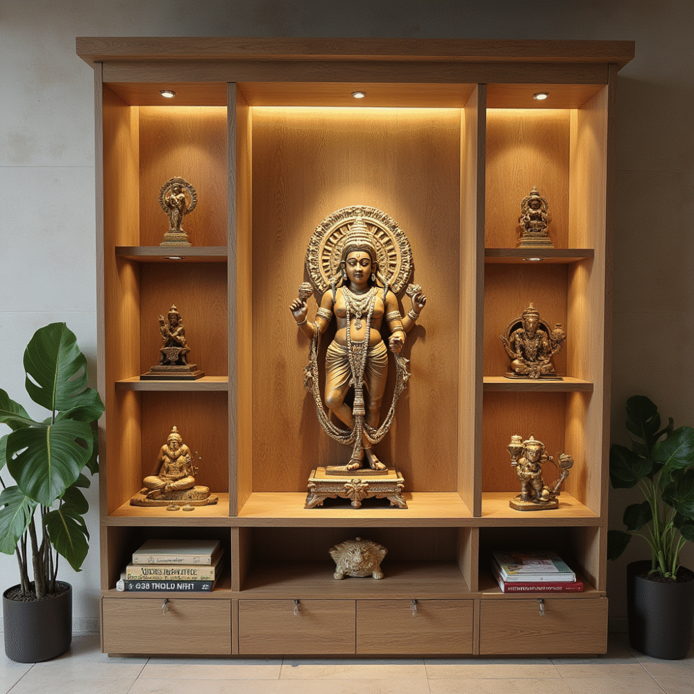 Traditional Floor-Mounted Pooja Unit Design in Wooden Finish