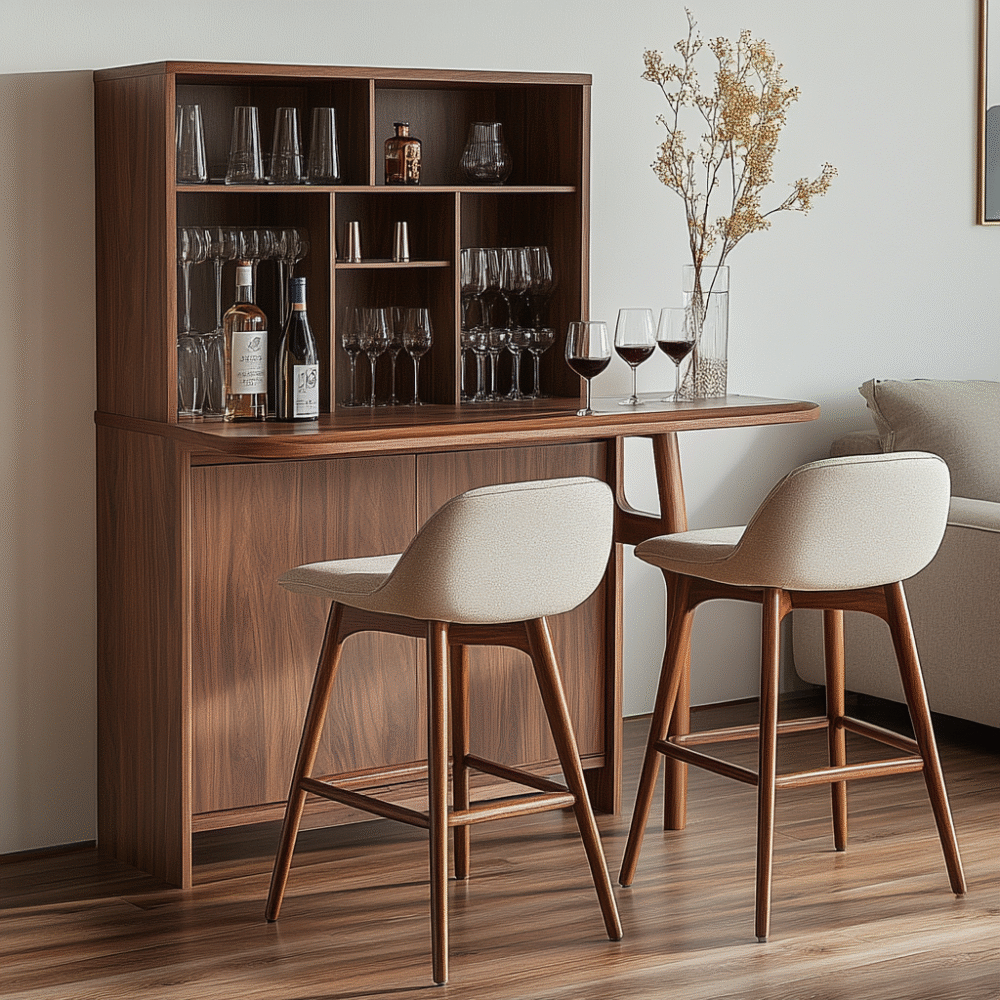Sandy Fossil Finish Modern Home Bar Design with Open Shelving