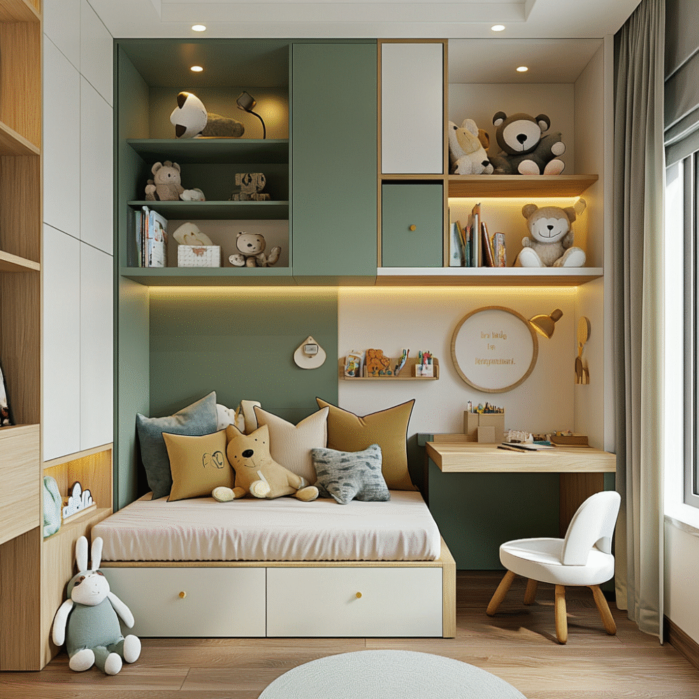 Space-Saving Bedroom with Multifunctional Bed, Storage and Study Area