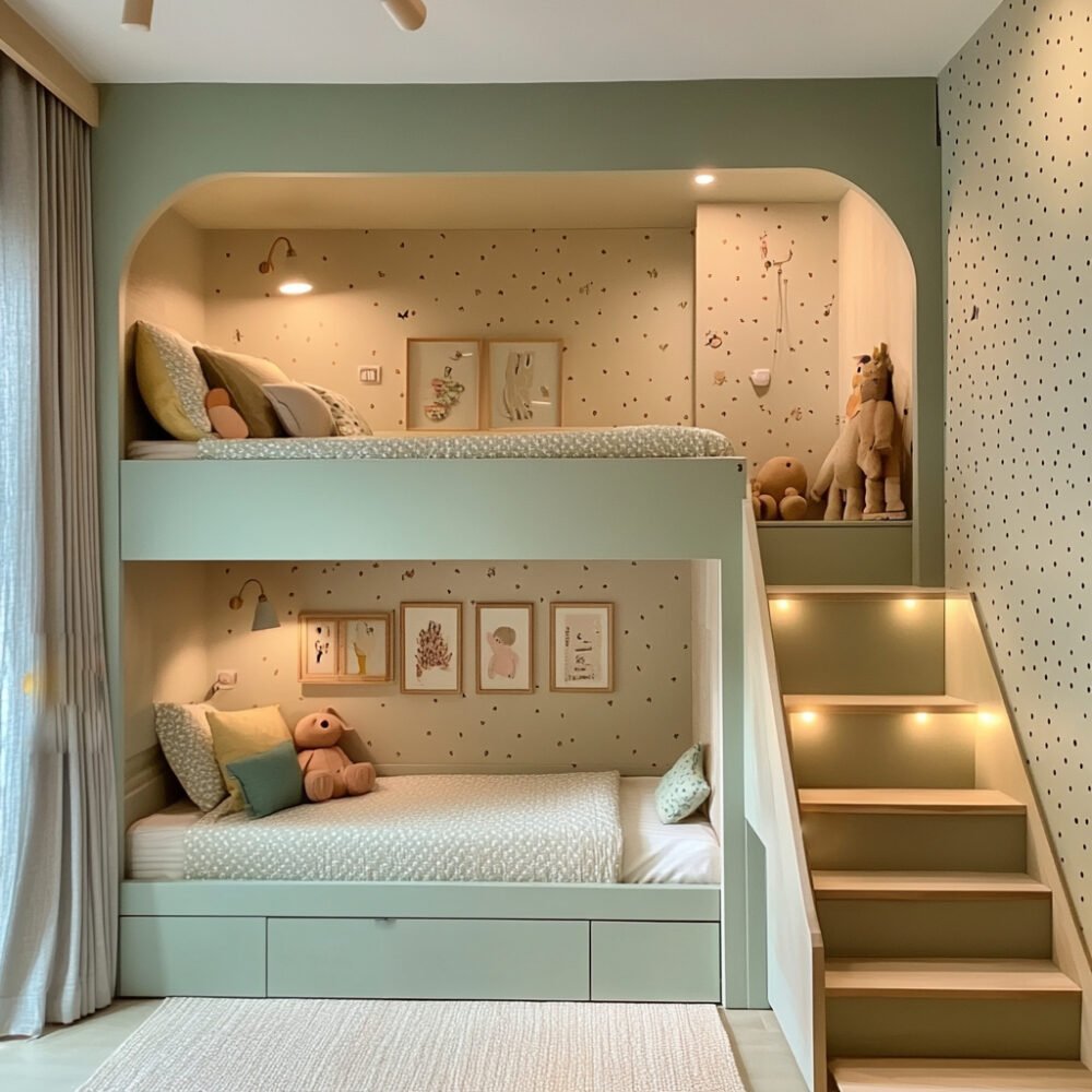 Modern Kids Bedroom Design with Bunk Bed and Textured Walls