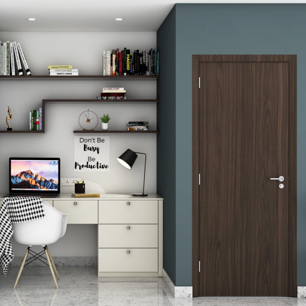 Contemporary Frosty White And Acacia Exodus Study Room Design With Black And White Checkered Rug