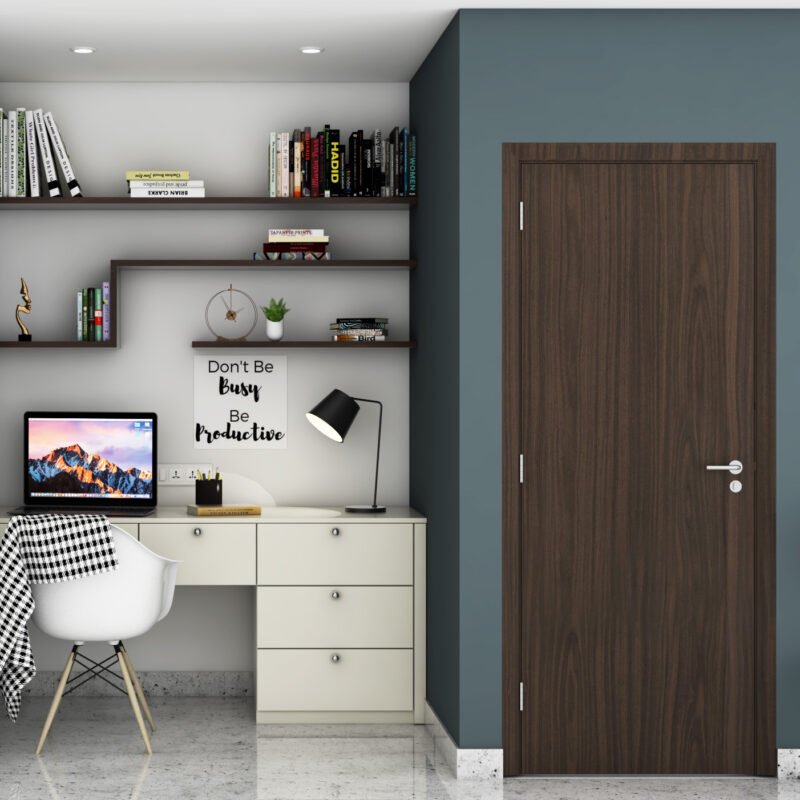 Contemporary Frosty White And Acacia Exodus Study Room Design With Black And White Checkered Rug