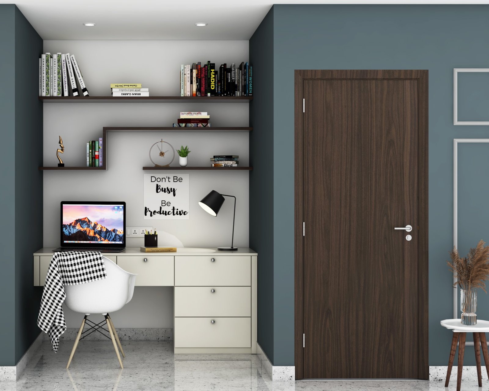 Contemporary Frosty White And Acacia Exodus Study Room Design With Black And White Checkered Rug