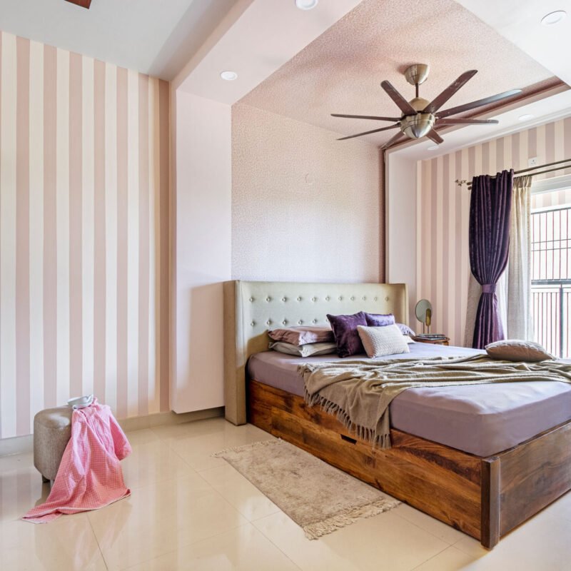 3BHK Contemporary Flat Design with L-Shape Kitchen Design and Floor to Ceiling Wardrobes