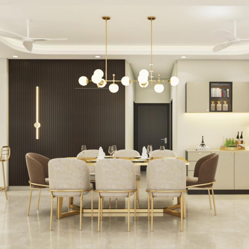 Contemporary Dining Room Design with Cream Dining Chairs and Chandelier