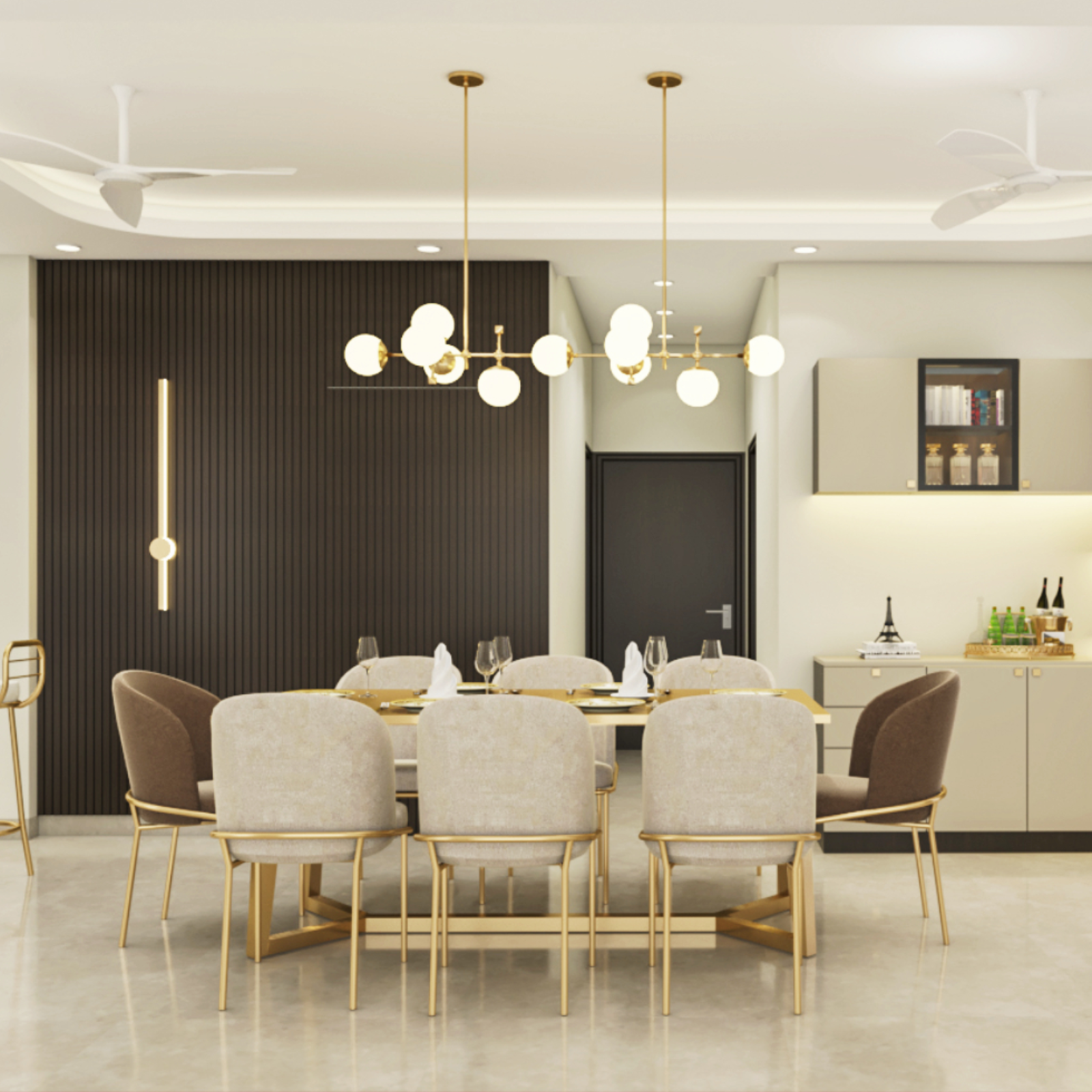 Contemporary Dining Room Design with Cream Dining Chairs and Chandelier