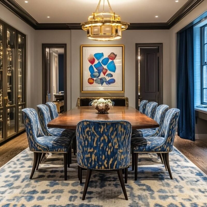 Contemporary Dining Room Design with 10-Seater Table and Blue Chairs