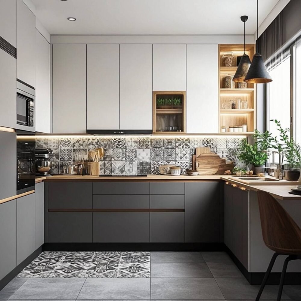 U-Shaped Kitchen Design in Gothic Grey and White with Quartz Countertop
