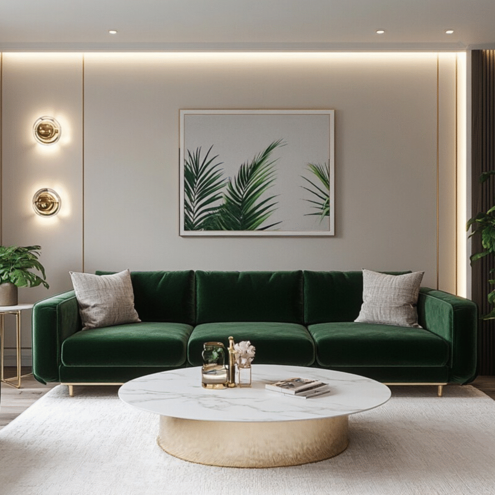 Modern Living Room Design with Green Velvet Sofa and Marble Table