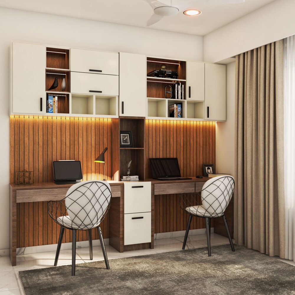 Contemporary Champagne-Toned And Wood Study Room Design With Black Chair