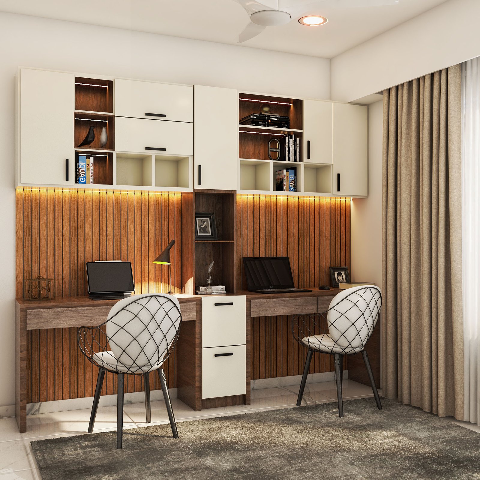 Contemporary Champagne-Toned And Wood Study Room Design With Black Chair