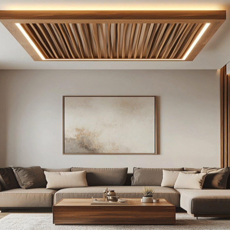 Contemporary Single-Layer Wooden Ceiling Design With Warm Lighting