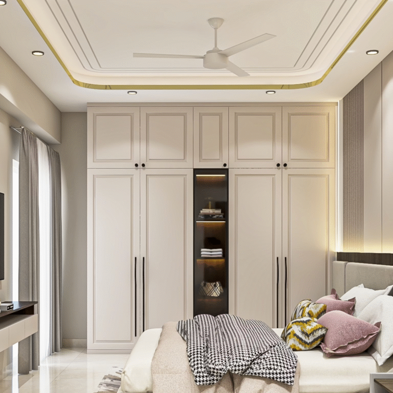 Contemporary Rectangular Gypsum False Ceiling Design with Cove and Spot Lighting