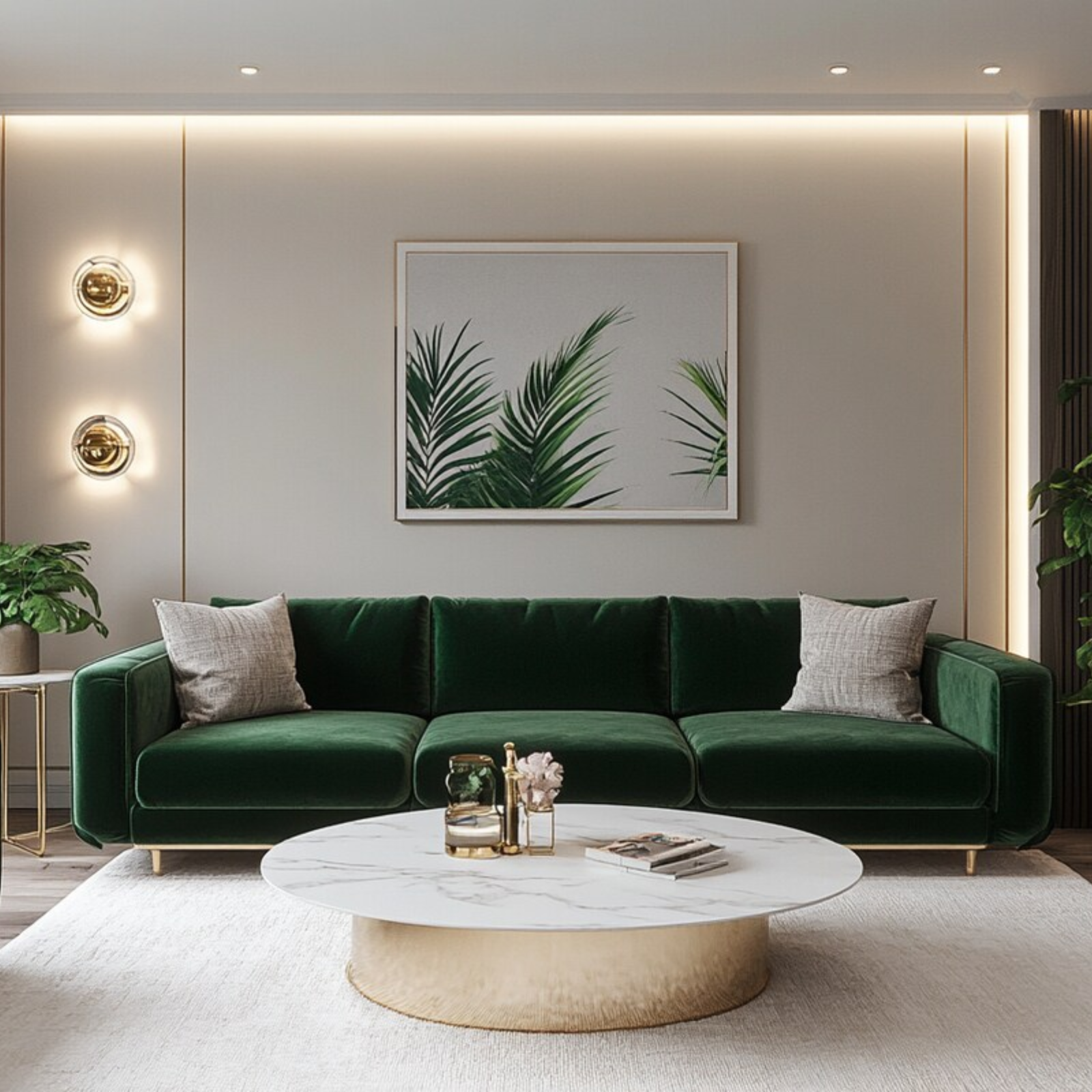 Modern Living Room Design with Green Velvet Sofa and Marble Table
