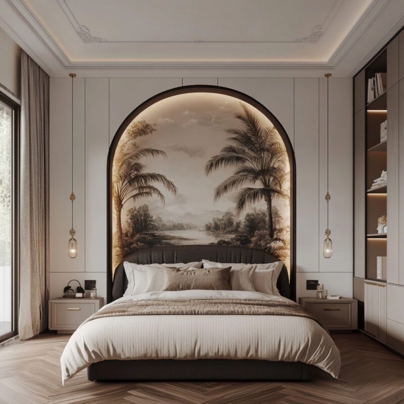 Classic Master Bedroom Design with King Bed and Black Wooden Accents