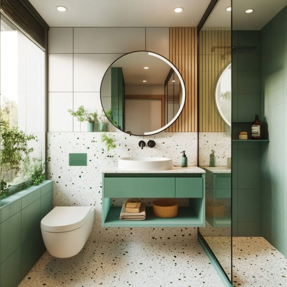 Modern Bathroom Design with Glass Shower Partition and Quartz Countertop