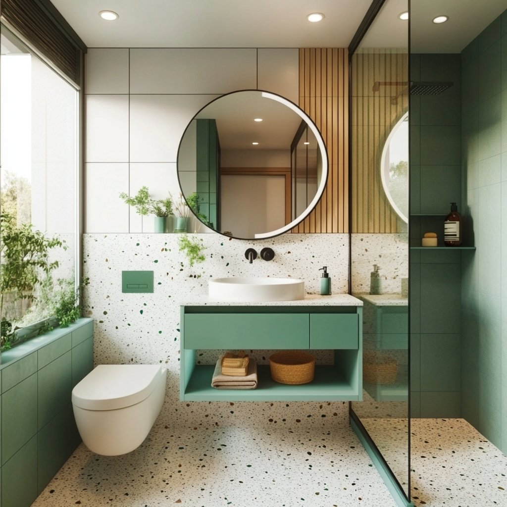 Modern Bathroom Design with Glass Shower Partition and Quartz Countertop