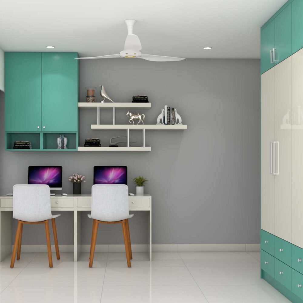 Contemporary Study Room Design With Aqua Green And Frosty White Wardrobe