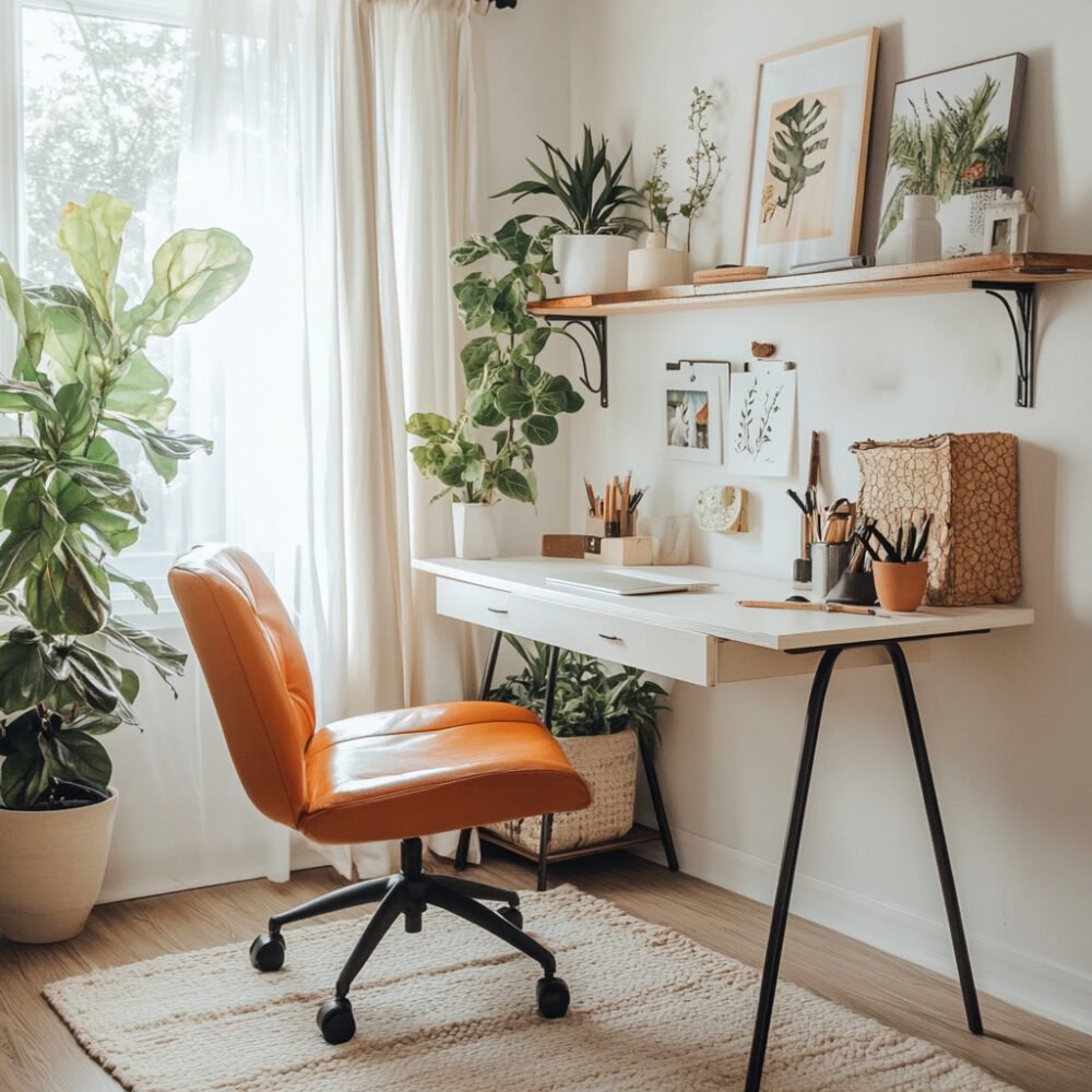 Home Office Design with Bohemian Orange Upholstered Chair