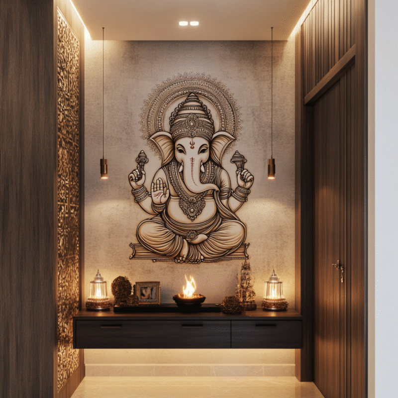 Modern Wall-Mounted Pooja Unit Design with Ganesha Artwork