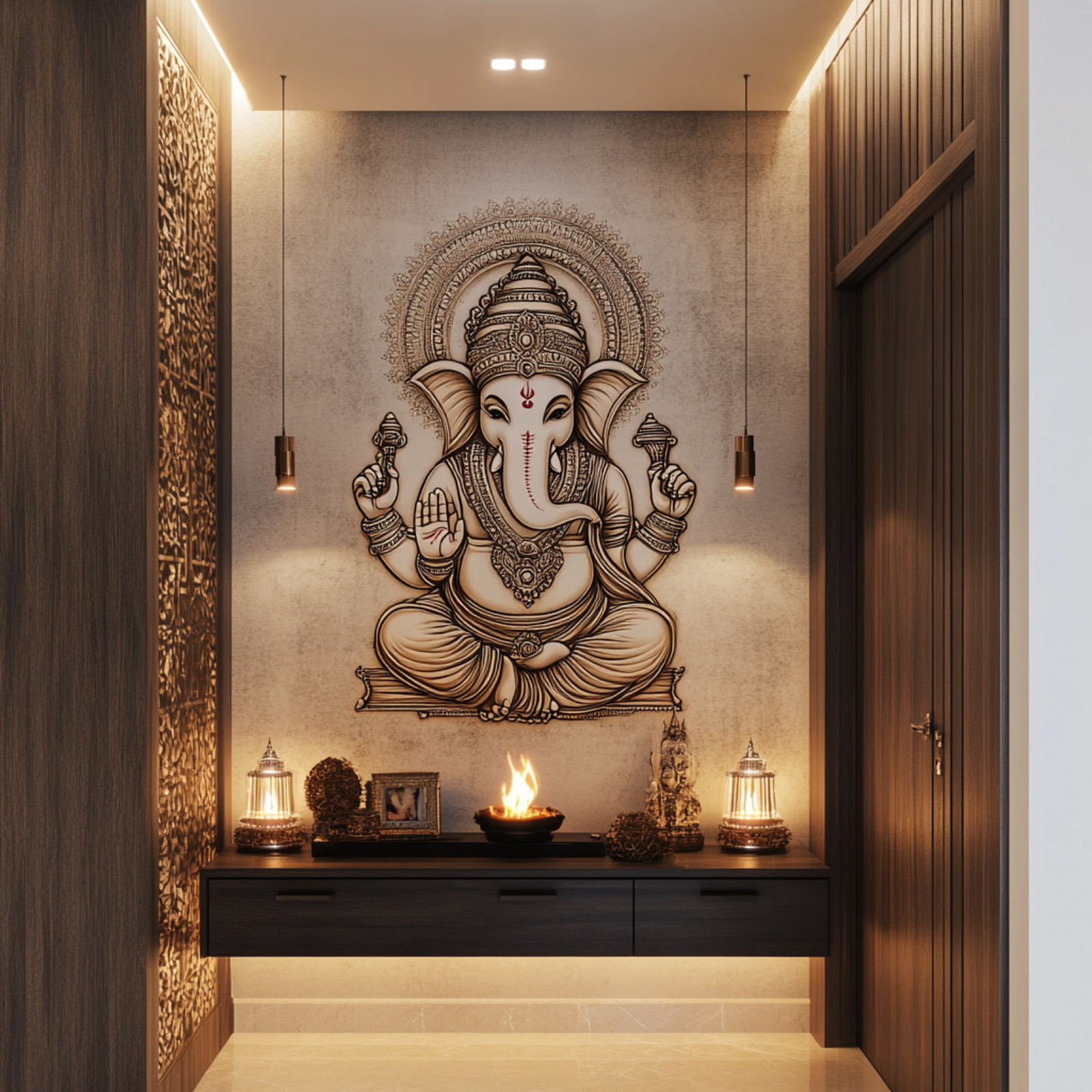 Modern Wall-Mounted Pooja Unit Design with Ganesha Artwork
